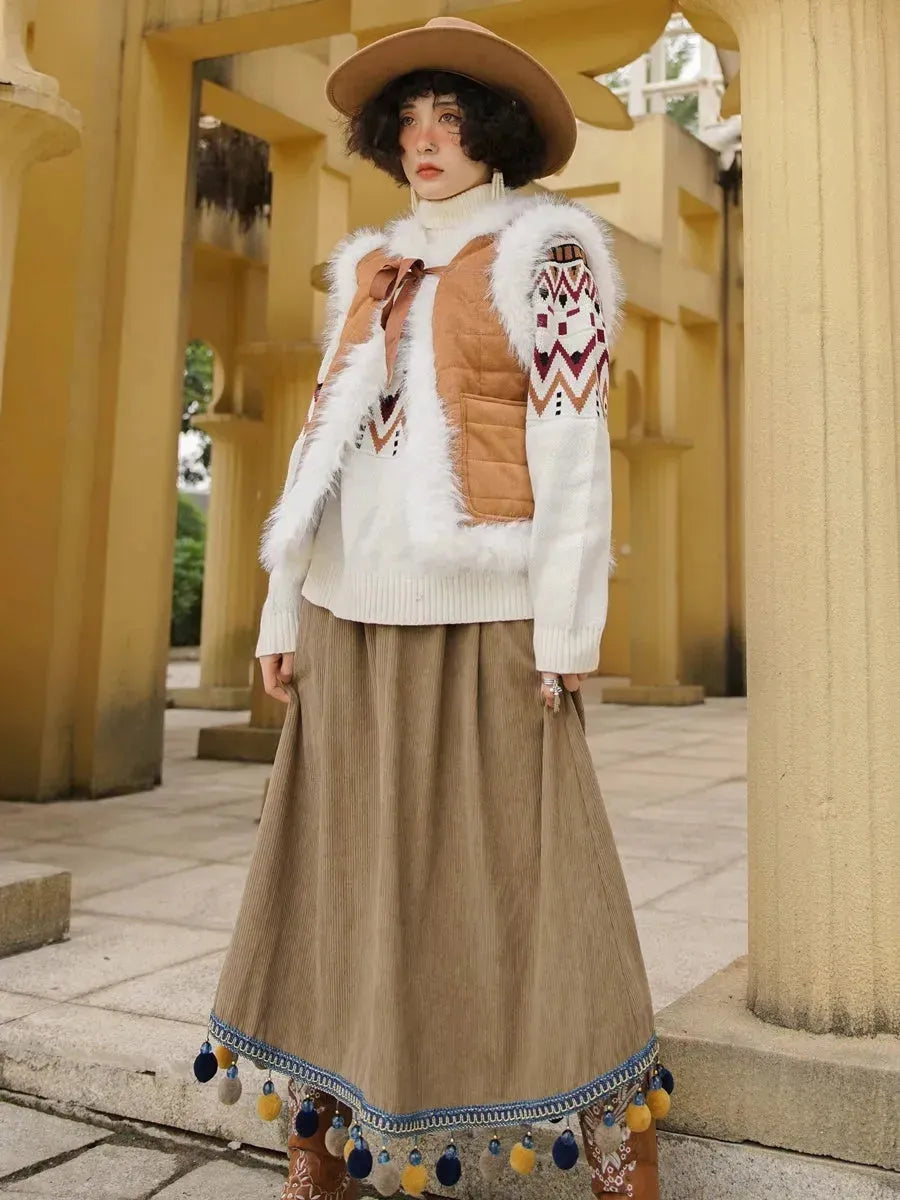 Corduroy Ethnic Style Fur Ball Stitching Brown High Waist Tassel Versatile Maxi Skirt - EX-STOCK CANADA