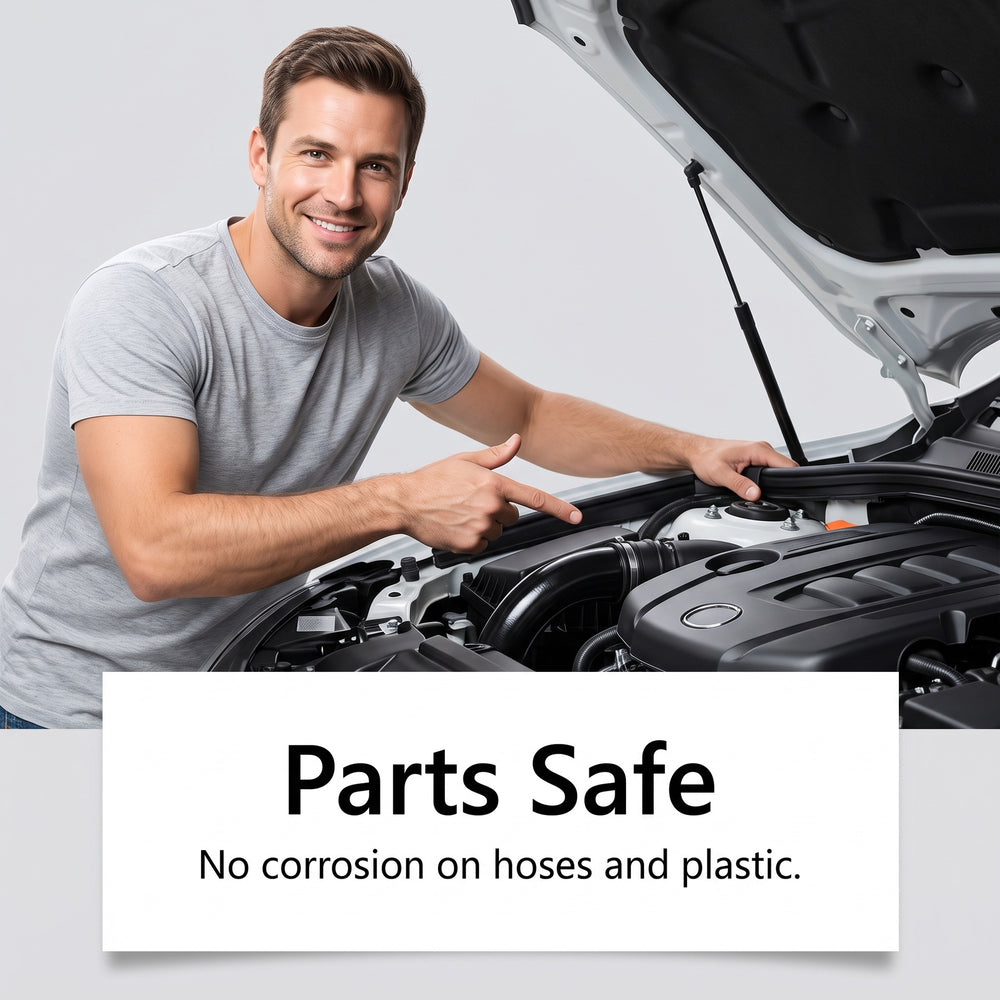 A man in a gray t-shirt points toward an engine under an open car hood, with a white text box at the bottom reading 'Parts Safe' and 'No corrosion on hoses and plastic.'.