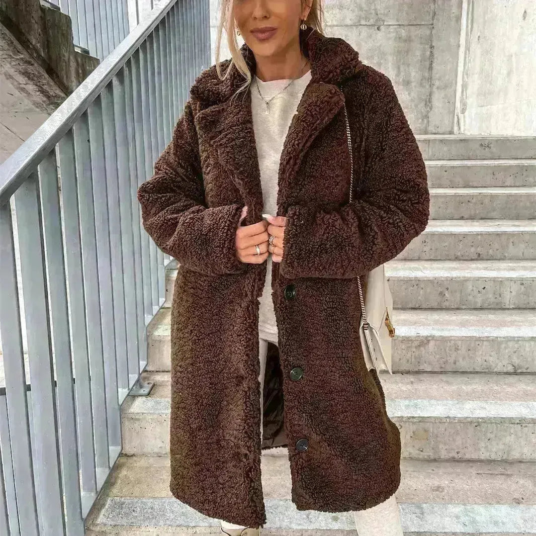 Buy Women's Long-sleeved Lapel Plush Fleece sherpa button Long Winter Overcoat