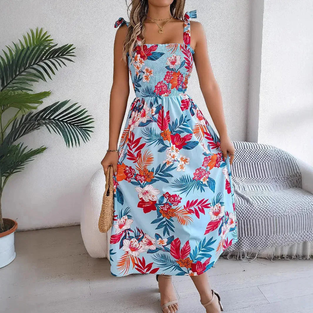 Flowers Print Suspender Corset Dress Ins Fashion Holiday Beach Long Dresses Summer Clothing For Women - EX-STOCK CANADA