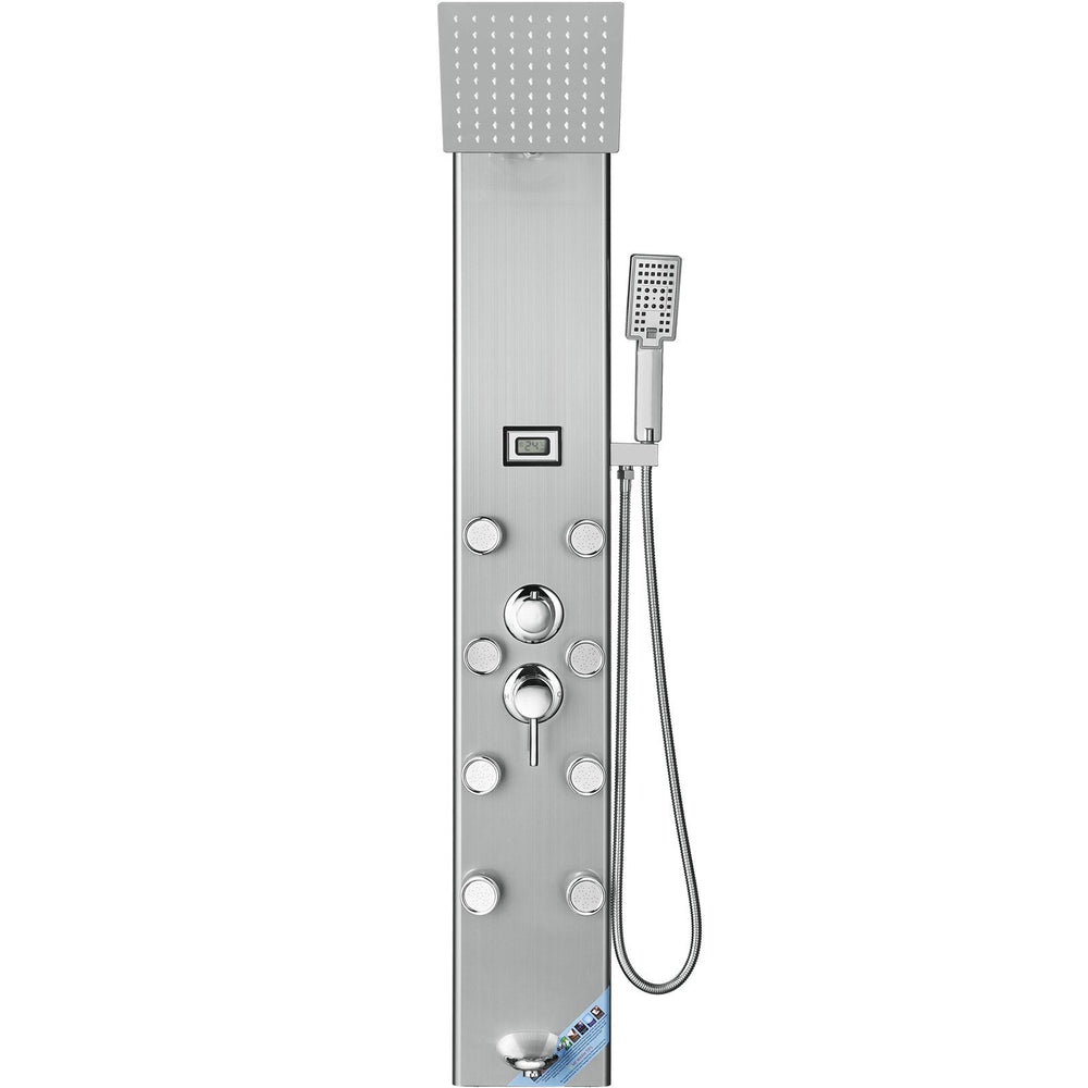 Shower Panel System, 5 Shower Modes, Digital Display Shower Panel Tower, Rainfall, 8 Massage Jets, Tub Spout, 3-Setting Handheld Shower Head 59 Hose, Stainless Steel Wall-Mounted Shower Set EX-STOCK