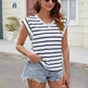 Fashion Stripe Print V-neck Short-sleeved T-Shirt Summer Loose Casual top for Women - EX-STOCK CANADA