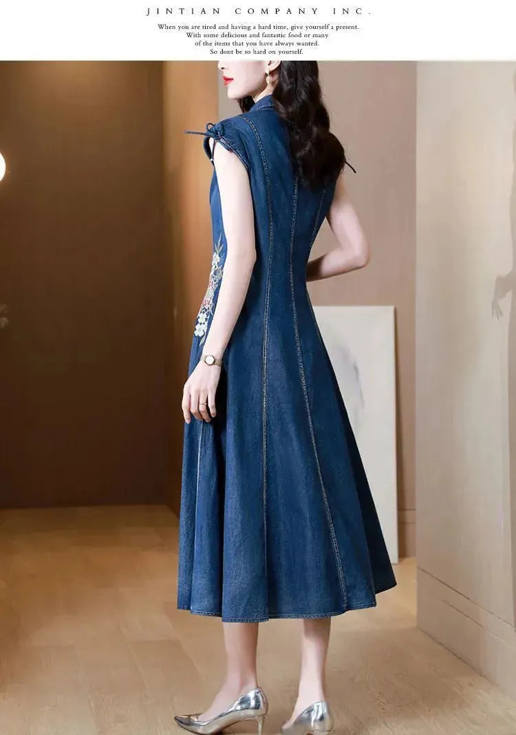 New Modified Version Denim Jeans Flared Midi Dress Female Machine Embroidery Retro - EX-STOCK CANADA