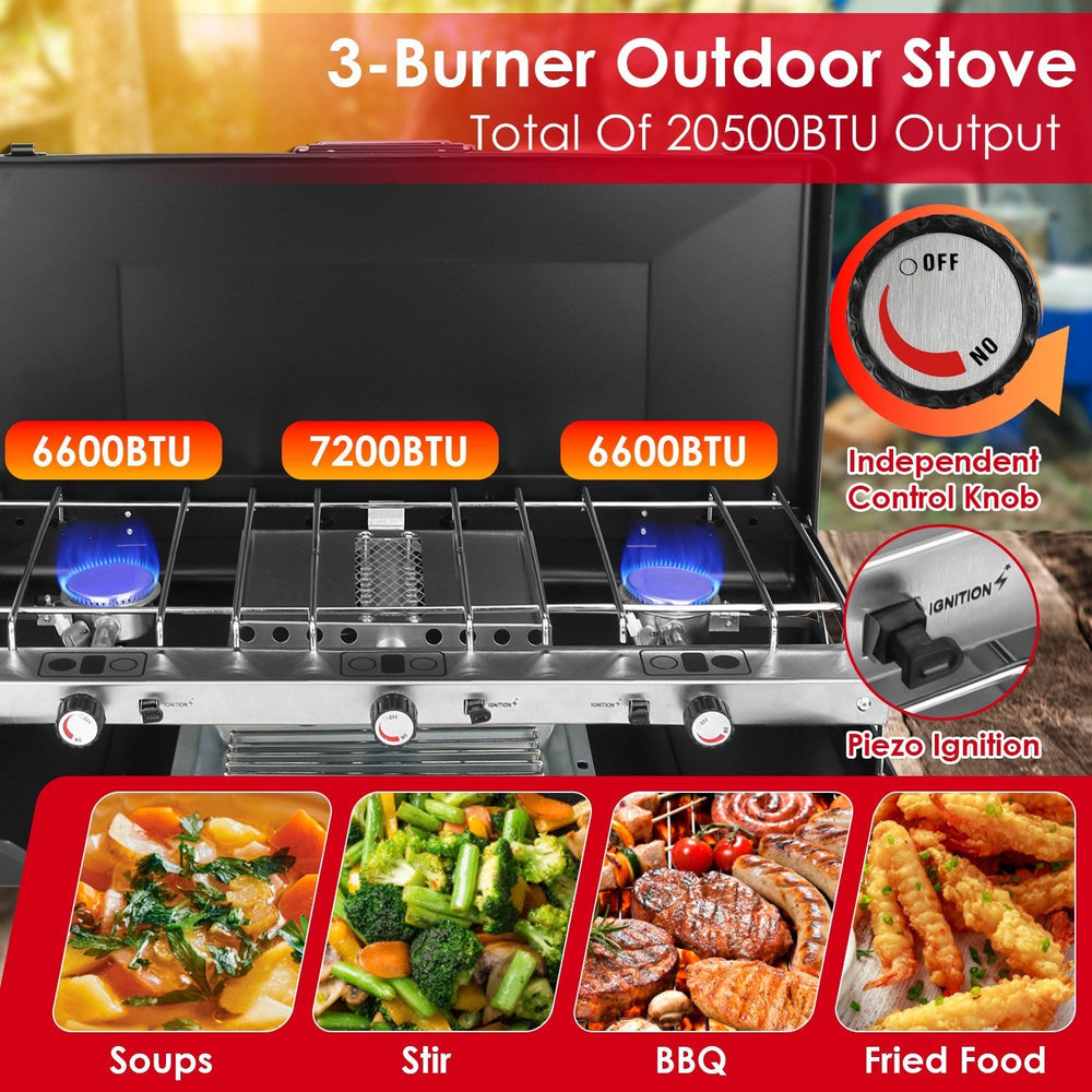 3 Burner Camping Stove 20000 BTU Portable Foldable Propane Stove With Toast Tray Windshield Portable Handle Outdoor Cooking Gas Stove For RV Camping BBQ Picnic EX-STOCK