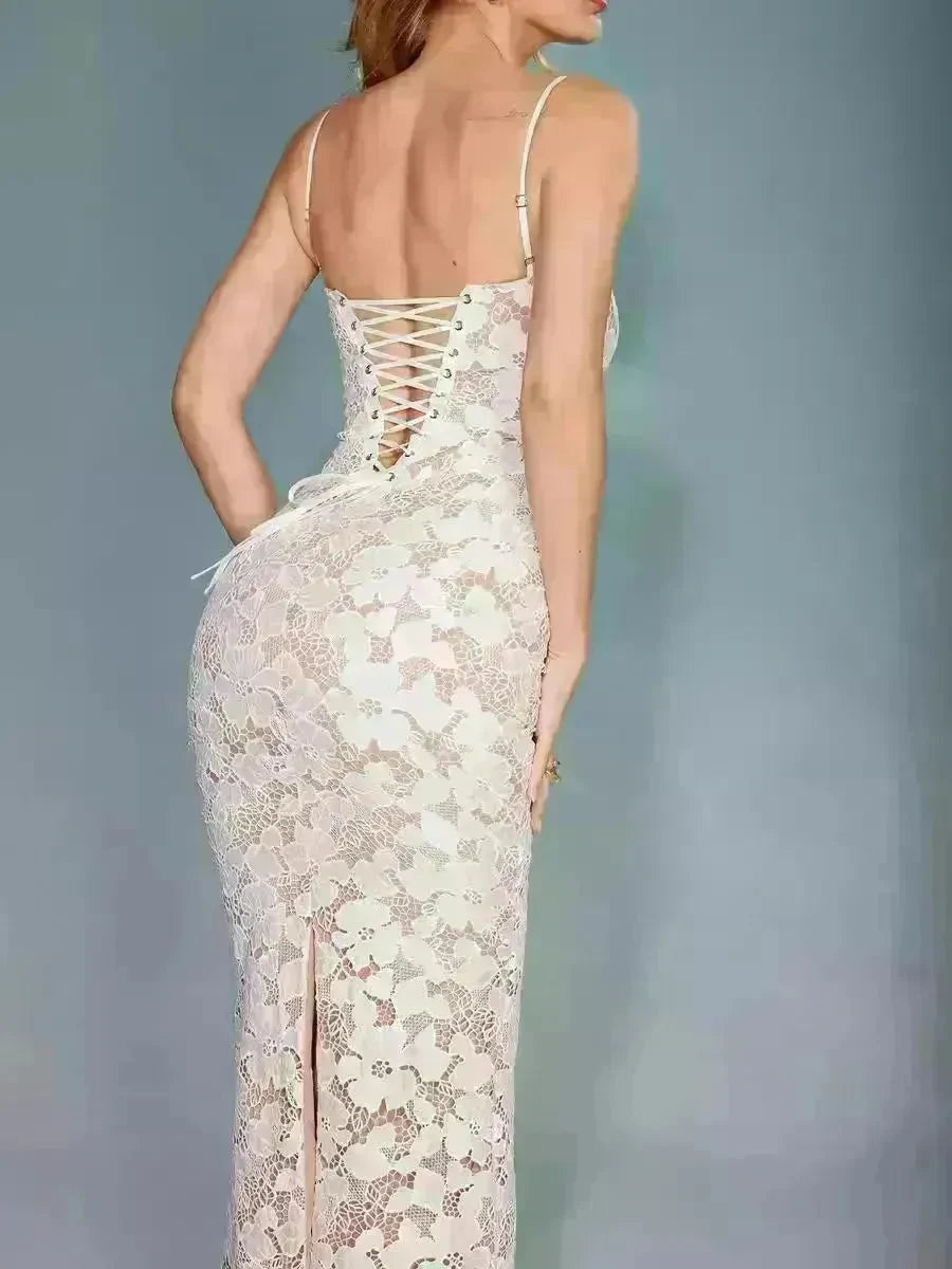 Women White Lace Wedding Dinner Party Cocktail Bodycon Spaghetti Strap Split Long Dress - EX-STOCK CANADA