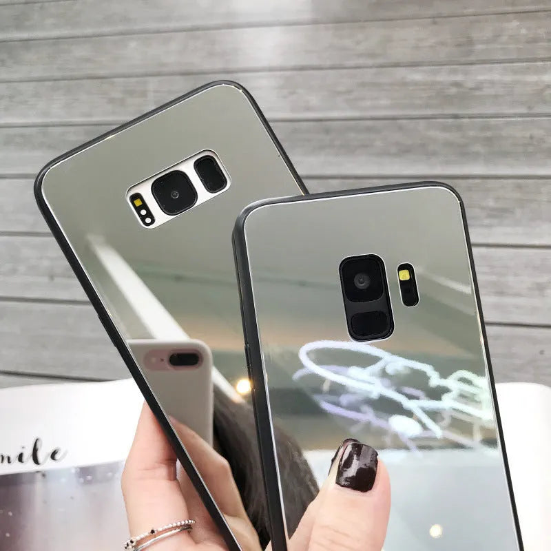 علبة الهاتف المرآة الزجاجية المقسى لمرآة مكياج Samsung للنساء