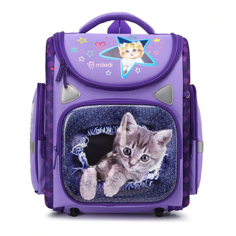 Purple backpack with a cat design on a white background