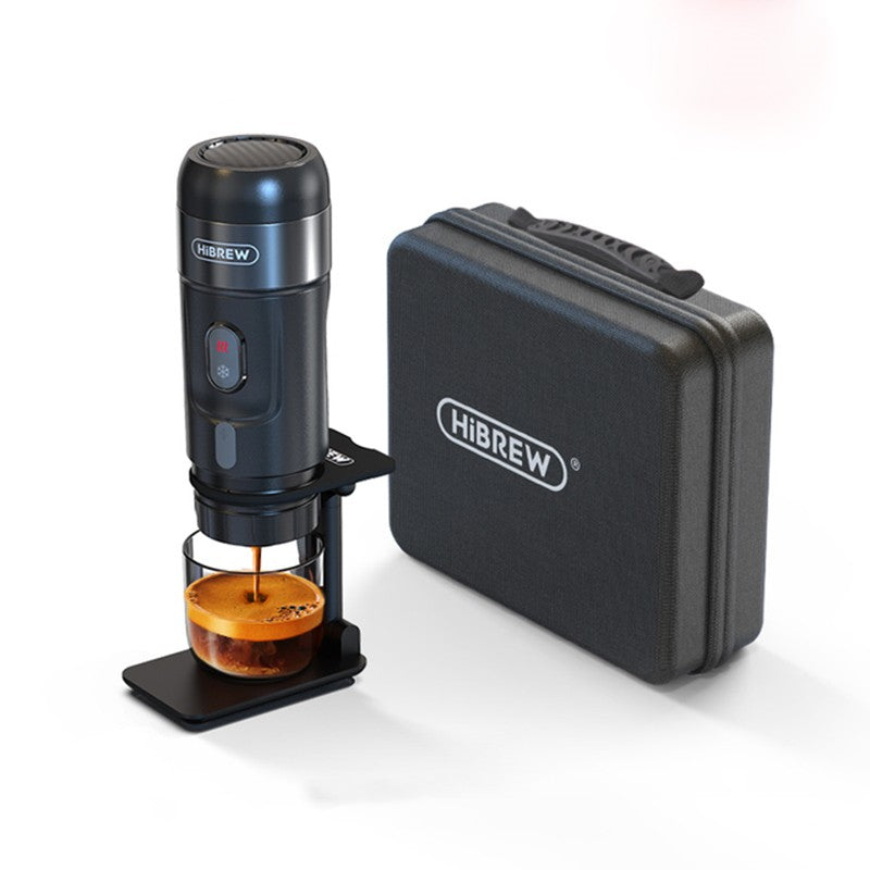 Hibrew coffee maker with a carafe and black carrying case on a white background