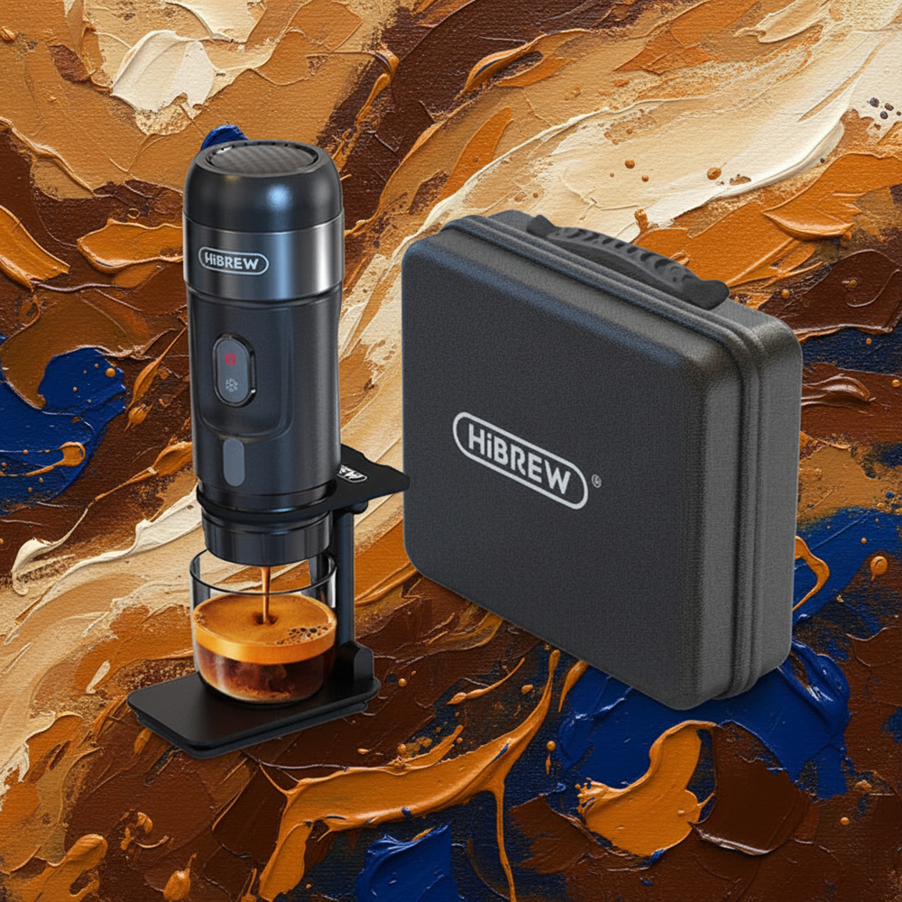 A black Hibrew portable espresso maker with a glass cup under the nozzle, shown next to its matching black carrying case on a textured, abstract brown and gold paint background.