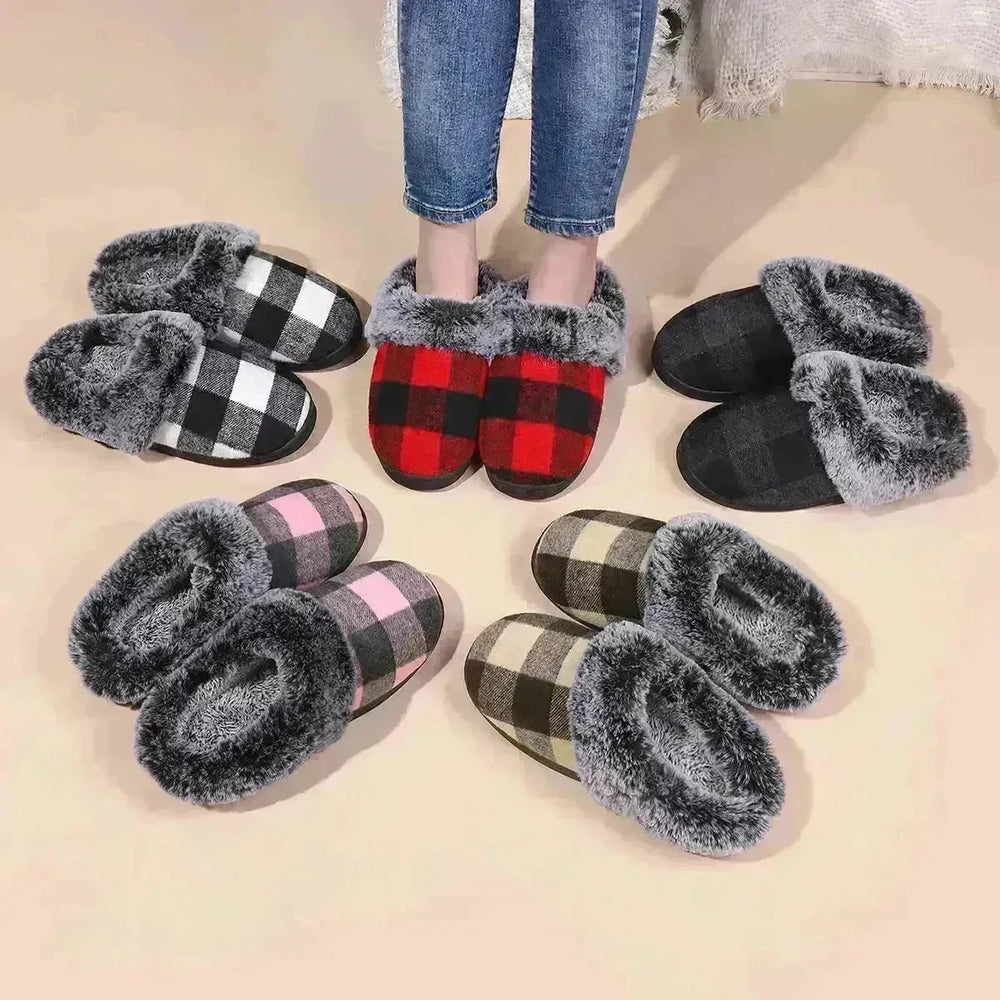 Winter Warm Plaid Plush Slippers Home Indoor Non-slip Bedroom Floor Soft Fuzzy Slipper For Couple Fashion Solid House Shoes - EX-STOCK CANADA