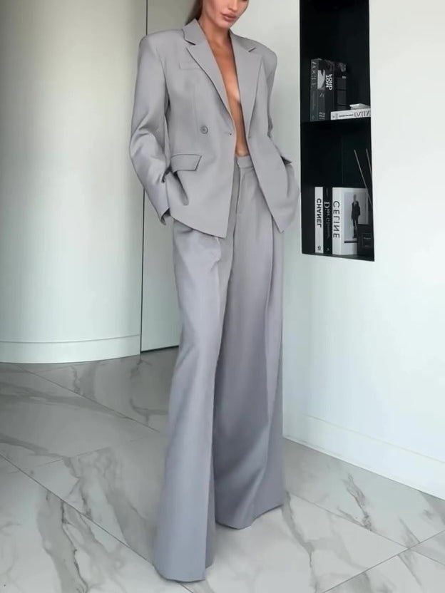 Women's Grey Single-Button Blazer & Wide-Leg Pants Suit – 2-Piece Office Set | Sizes XS–XL