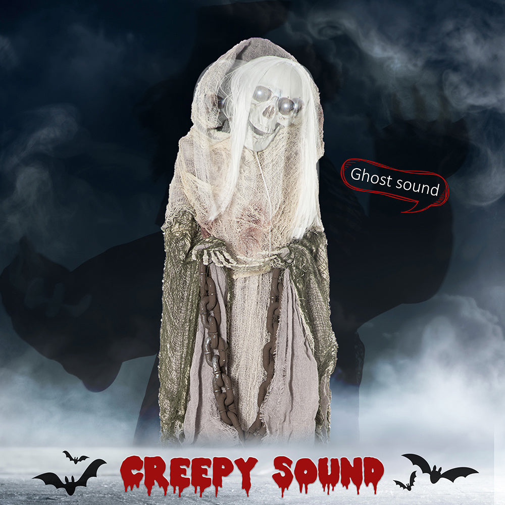 74inch Life Size Outdoor Halloween Decorations Skeleton Witch, Sound And Motion Activated Animated Prop Animatronic Decor With Light Up Eyes, Spooky Sound EX-STOCK