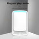 White air purifier with a gray background and text about plug-and-play ease.