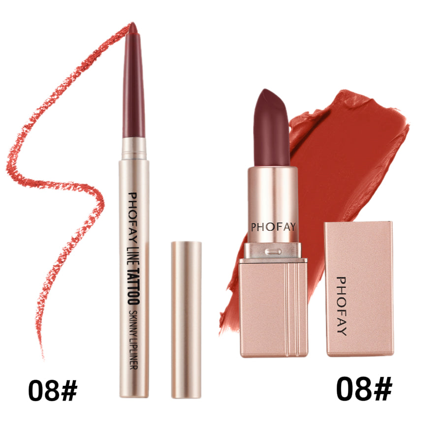 PHOFAY lipstick and lip liner with swatches on a white background