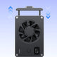 A black portable cooling fan device with a handle and side controls, shown on a blue gradient background with instructional text and two small inset photos demonstrating how to buckle and loosen it.