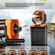 An orange and black ultrasonic misting system shown with a hose, a fan unit, and a collection tank outdoors near water, with text describing triple ultrasonic spray and four-level mist control.