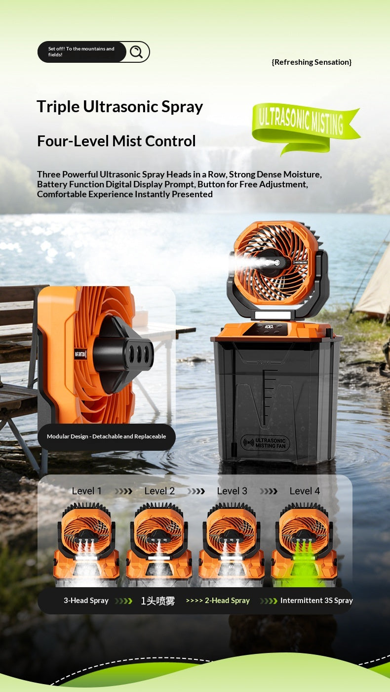 An orange and black ultrasonic misting system shown with a hose, a fan unit, and a collection tank outdoors near water, with text describing triple ultrasonic spray and four-level mist control.