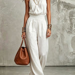 White Women's Halter Neck Backless Wide-Leg Jumpsuit | Sleeveless Lace-Up Onesie