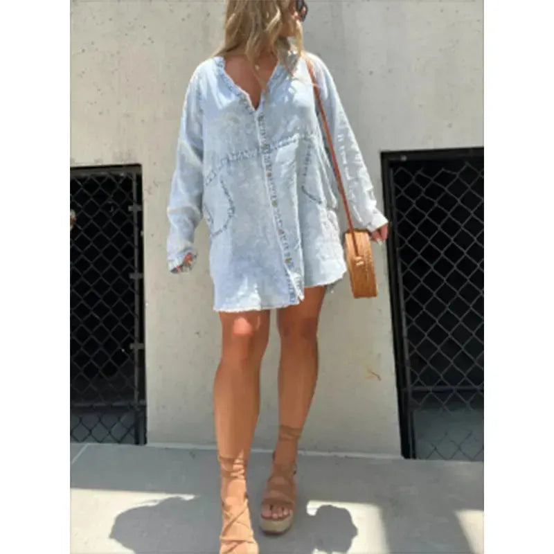 Women's Denim Washed Loose Shirt Dress - EX-STOCK CANADA
