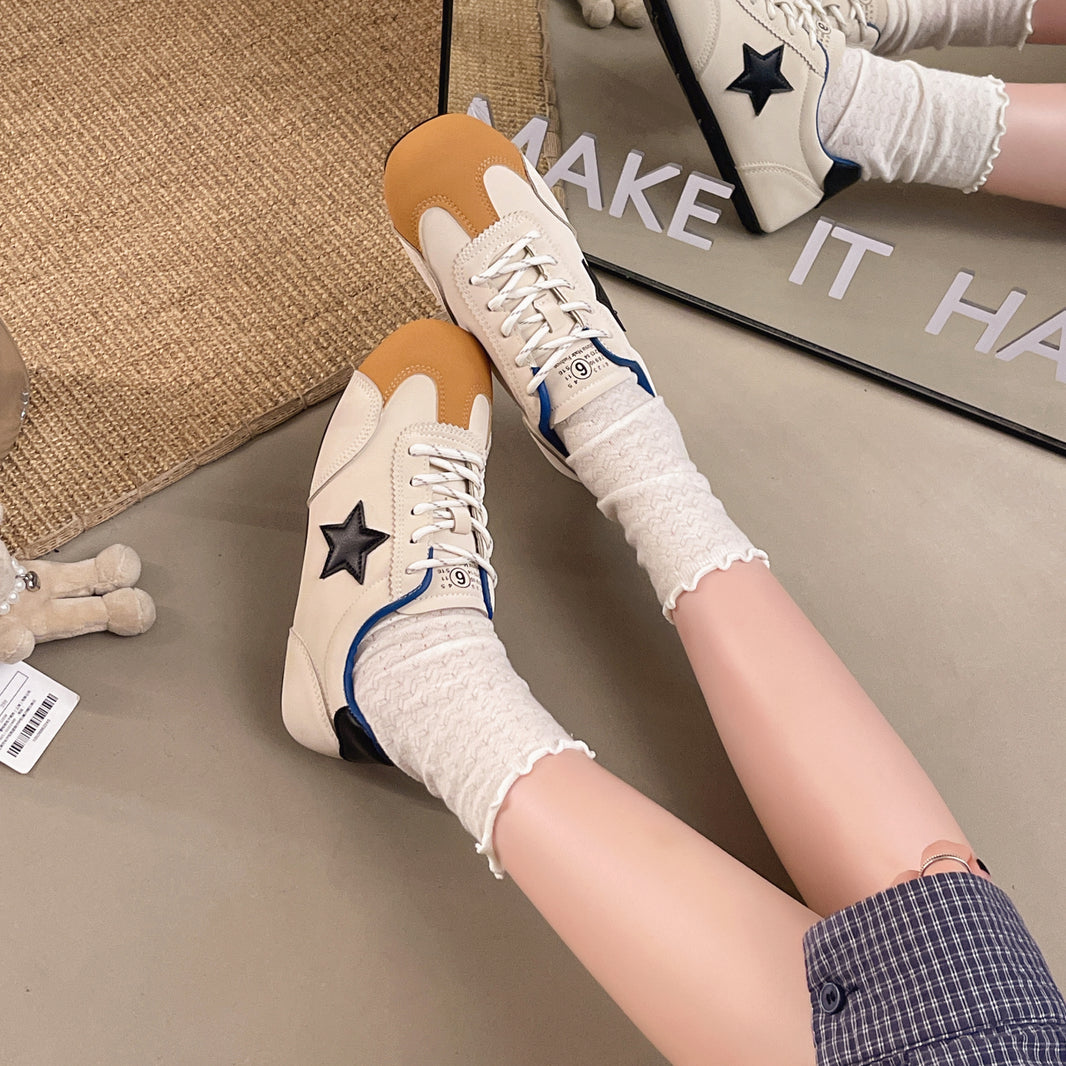 Women Vintage Star Applique Lace-Up Sneakers – Color Block Suede Toe, Sizes 36–40 / Beige)