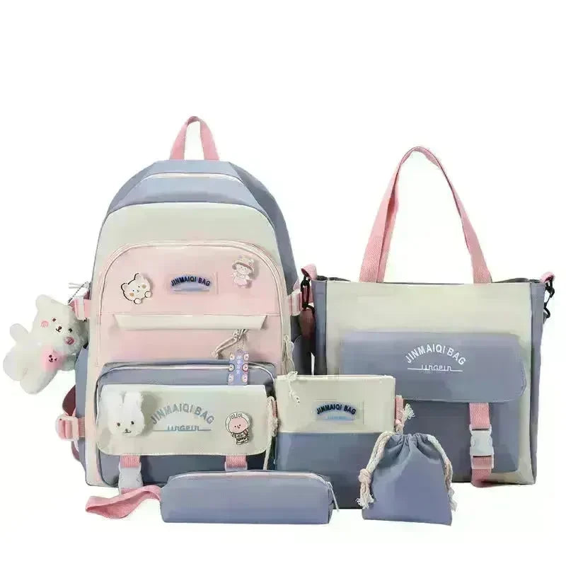 Girls Color Contrast Cute Large Capacity Backpack 5 piece School Bag set - EX-STOCK CANADA