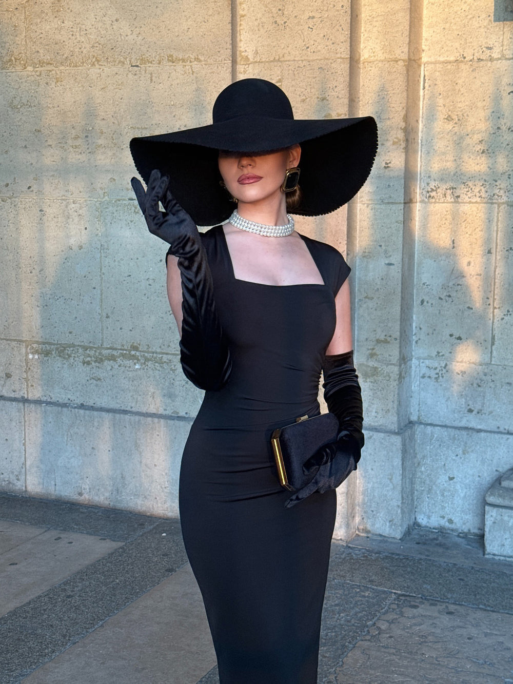 Women's Black Square Neck Midi Wrap Dress with Opera Gloves – Elegant Slim Fit 7