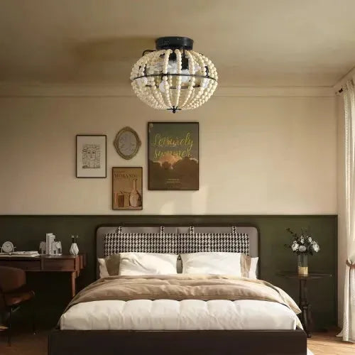 Beaded Fan Lamp Wooden Beaded Chandelier Oak White