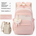 A pastel pink and cream multi-layer school backpack shown on a white background, with feature callouts on the left and a smaller alternate view of the bag at lower left. The main bag has a front zip pocket, padded shoulder straps, and a small plush keychain charm.