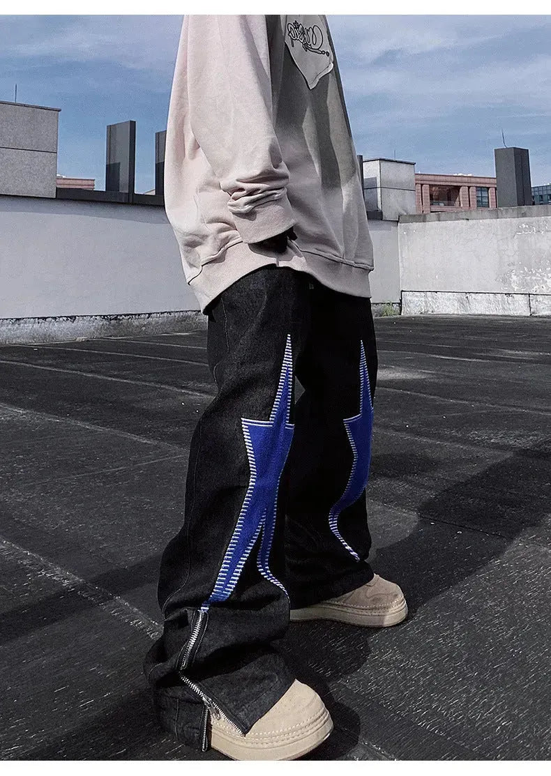 Five-pointed Star Embroidery Denim Horn Loose Straight Casual All-match Mop Jeans Baggy Trousers Men - EX-STOCK CANADA