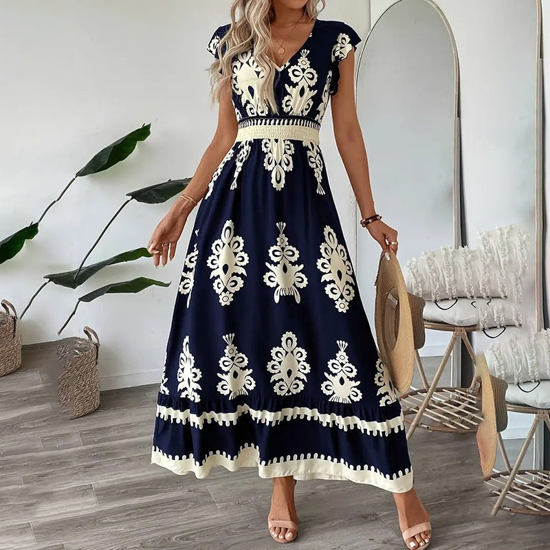 Women's Summer Flowy Maxi Dress Casual Cap Sleeve V Neck Smocked Waist Beach Sundress EX-STOCK