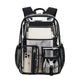 Clear backpack with black straps and pockets on a white background