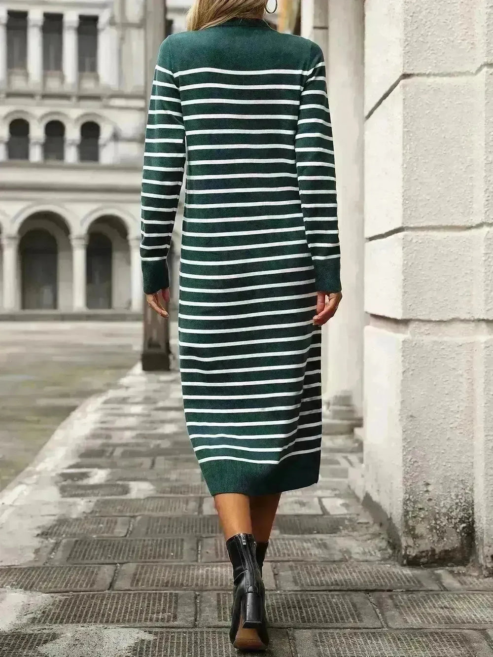 Slim Striped Printed Long Cashmere Dress  Autumn And Winter Long Sleeve Dresses For Women - EX-STOCK CANADA