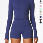 Women's Four Seasons Sports Suit, Women's Long Sleeve Round Neck Sports T-shirt And High Waist Tight Shorts Yoga Suit. EX-STOCK