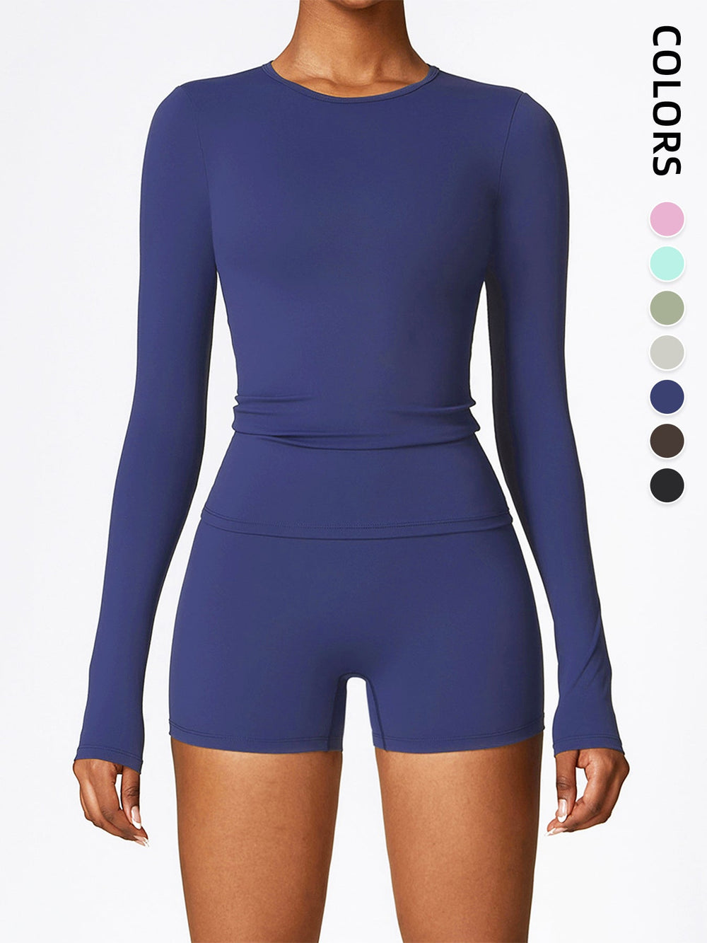 Women's Four Seasons Sports Suit, Women's Long Sleeve Round Neck Sports T-shirt And High Waist Tight Shorts Yoga Suit. EX-STOCK