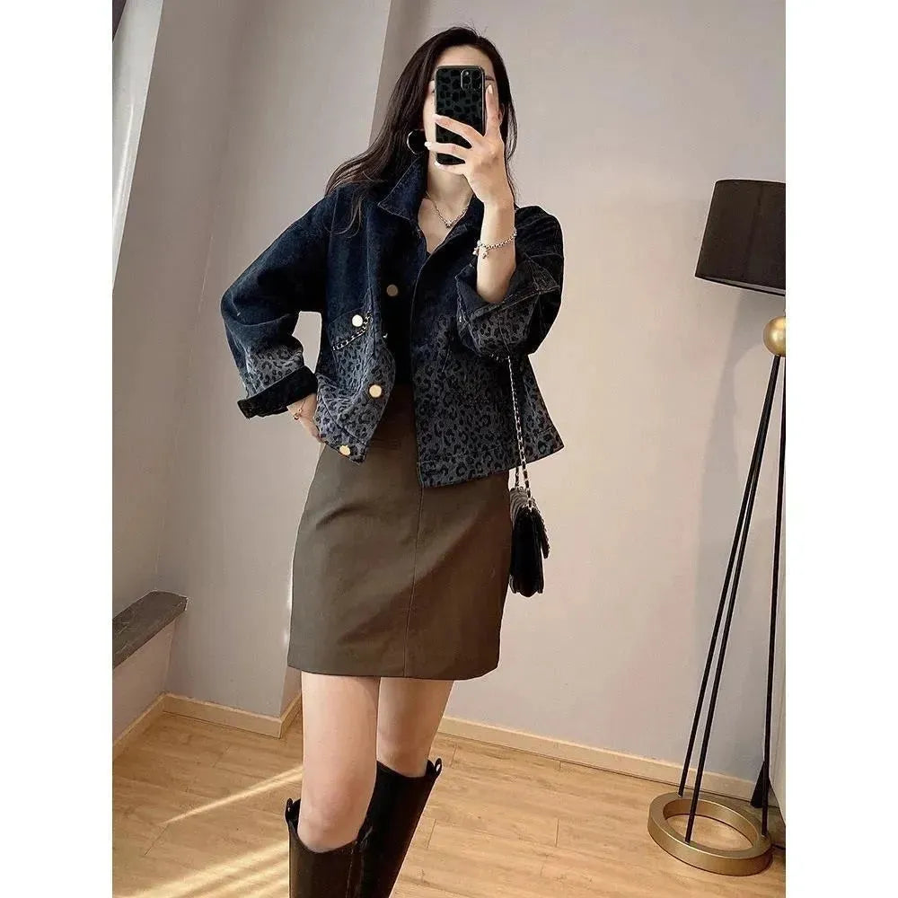 Black Retro Leopard Print Denim Jacket For Women - EX-STOCK CANADA