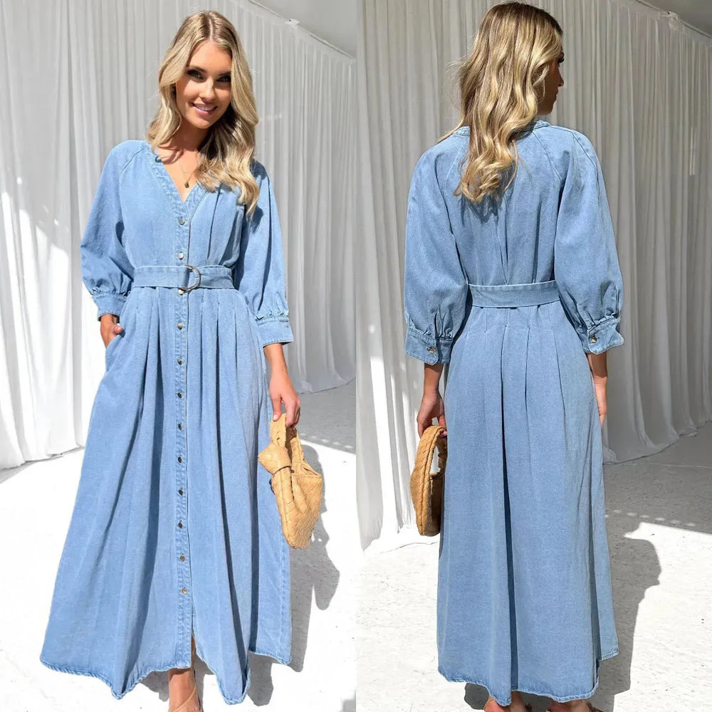 V-neck Lace-up Waist Trimming Casual Button Denim Dress - EX-STOCK CANADA