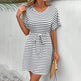 Womens Summer Short Sleeve Casual Striped Mini Tie Belt Dress EX-STOCK