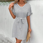 Womens Summer Short Sleeve Casual Striped Mini Tie Belt Dress EX-STOCK