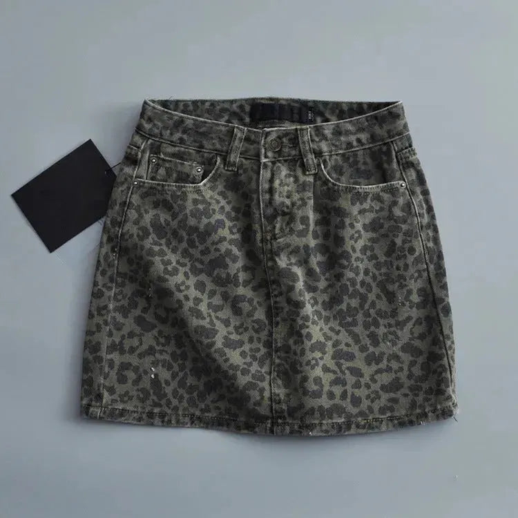Leopard Print Mini Denim Skirt Women's High Waist Pencil Skirt - EX-STOCK CANADA