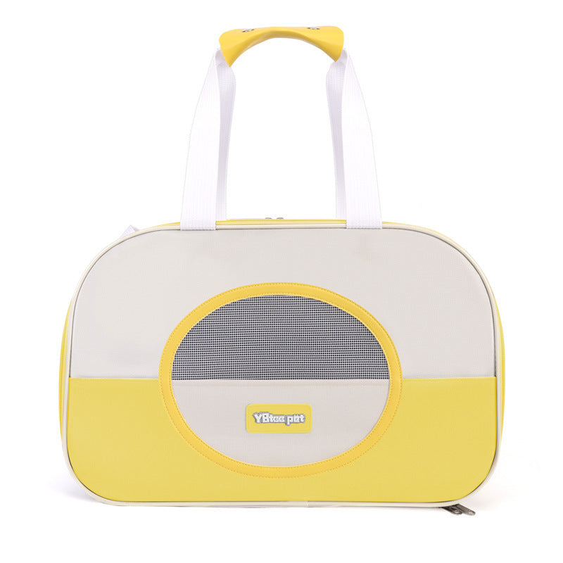 Pet carrier with yellow and gray design on a white background