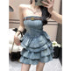 Women's sleeveless tube Denim High Waist Slimming Jeans layered flared mini Dress - EX-STOCK CANADA