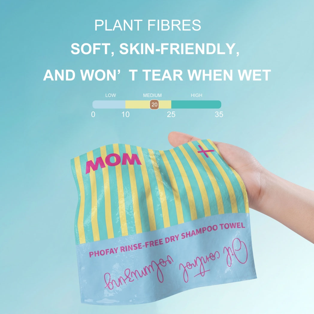 A hand holds a striped dry shampoo towel with a light blue base and yellow stripes against a light blue background with marketing text about plant fibres and a wrinkle-resistance claim.