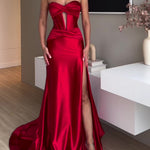 Women's Red Satin Tube Top Evening Dress – Strapless Corset Gown with High Slit & Train | XS–XL
