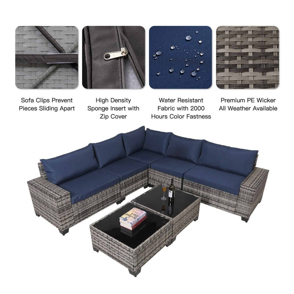 7-Piece Outdoor Patio Furniture Sets, All-Weather Wicker Rattan Sectional Sofa, Modern Two Glass Coffee Table And Washable Seat Cushion EX-STOCK Canada 