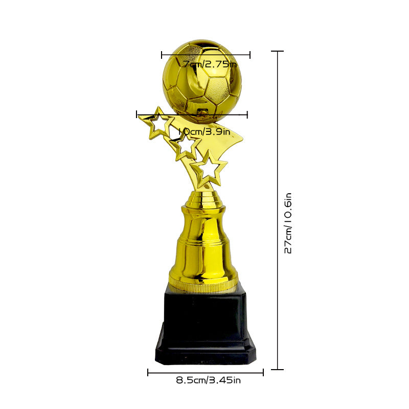 A gold soccer ball trophy on a star-shaped stem with a black base, shown with dimension lines and measurements: 27cm height, 10cm width, and 8.5cm base width, on a white background.
