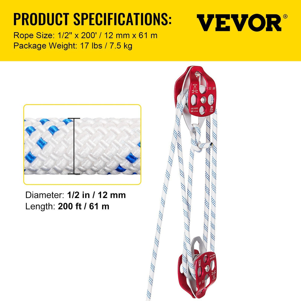 Twin Sheave Block And Tackle 1 2 X 200Ft Twin Sheave Block With Braid Rope 30-35KN 6600-7705LBS Double Pulley Rigging EX-STOCK