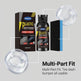RONAVIA Plastic Restorer bottle and box shown with two transparent circular insets and text reading 'Multi-Part Fit: Tire dash bumper all usable' on a light gray background.
