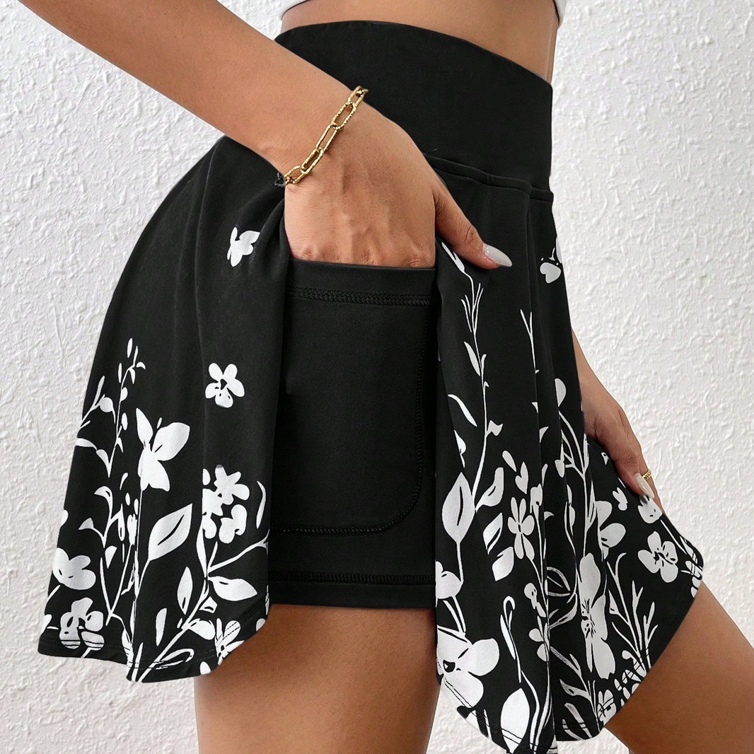 Women's Floral High-Waist Skort – Built-In Shorts, Pockets, 8 Colours | XS–XXL