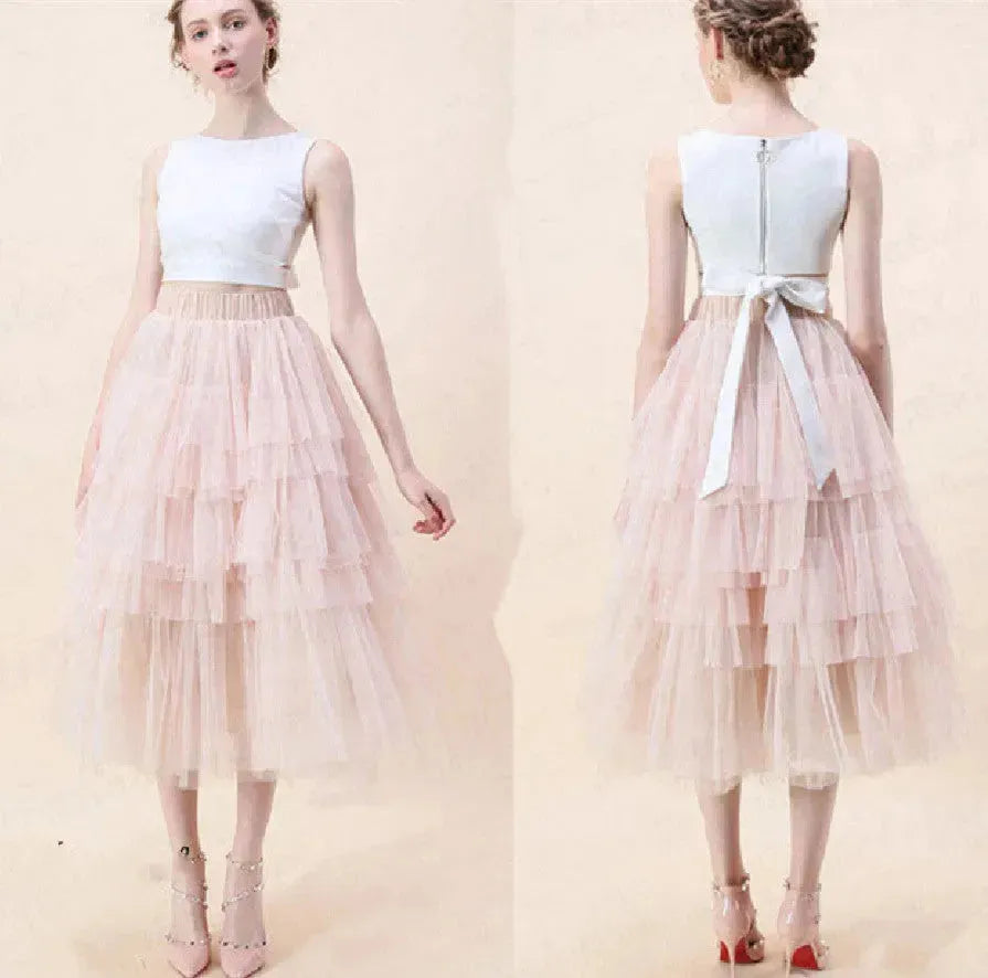 Summer Long Wave Ruffle Layered Ruched High Waist Midi tulle Skirt - EX-STOCK CANADA