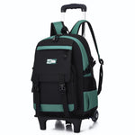 Black and green rolling backpack on a white background